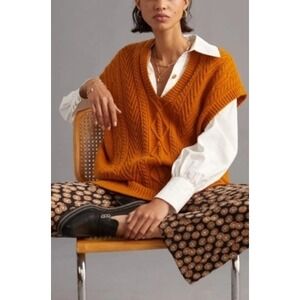 Anthropologie Mustard Yellow Cable Knit V-Neck Oversized Sweater Vest One Size